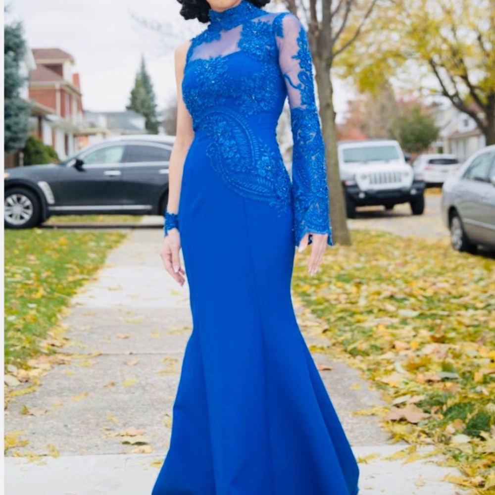 Elegant Blue Lace Evening Gown custom made size 2